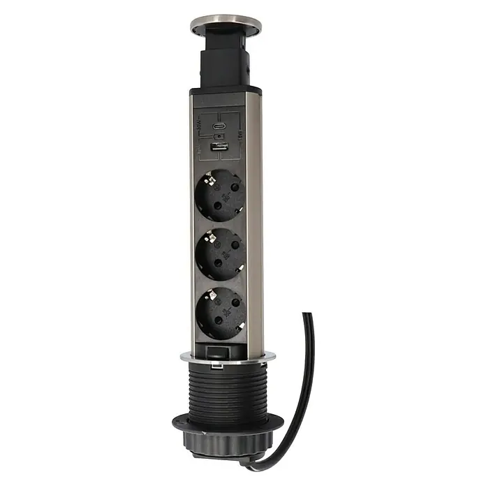UniTEC Tischsteckdose USB-A, USB-C - Versenkbar, Silber/Schwarz, 10,2 x 11 x 40 cm - Versenkbare Steckdosensäule für Arbeitsplatten mit USB- und USB-C-Anschlüssen für moderne Geräte.