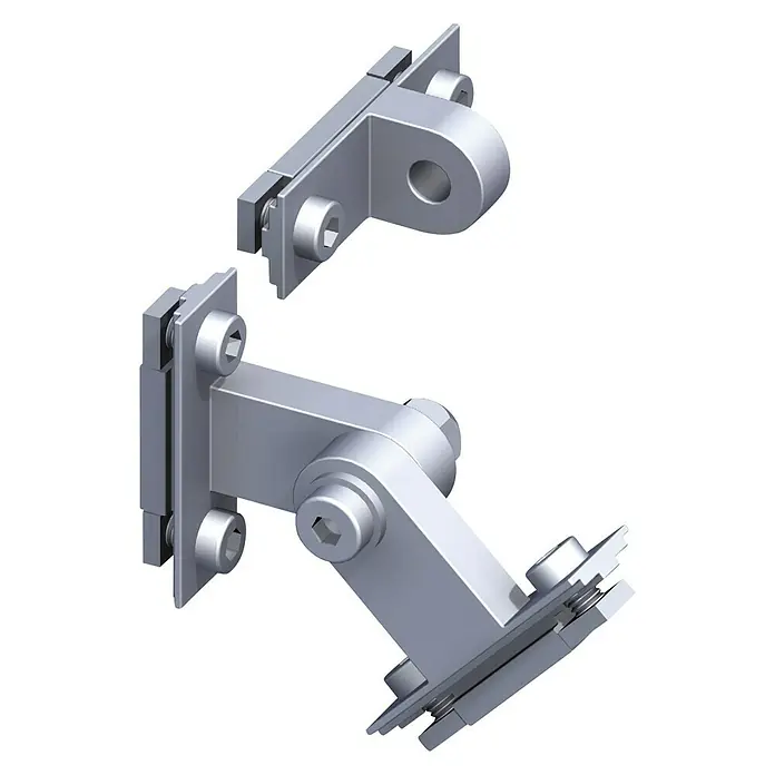 Kantoflex Coaxis Gelenkscharnier - 24,6 x 44,2 x 8,9 mm, Aluminium, Passend für: Coaxis Profile, Unbehandelt - Einblick in ein präzises Verbindungselement: Detailaufnahme eines modularen, silberfarbenen Eckverbinders mit Befestigungselementen.