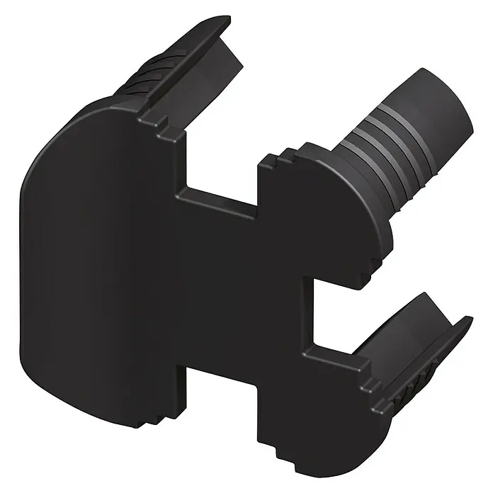 Kantoflex Coaxis Verbindungskappe - 27,5 x 5,3 mm, Geeignet für: Verbindung von 3 Coaxis Säulenprofilen, Passend für: Coaxis Säulenprofile - Das Produkt ist ein schwarzes Kunststoffteil mit einem zylindrischen Ende und mehreren Vorsprüngen. Es könnte ein Verbindungsstück oder ein Adapter sein.