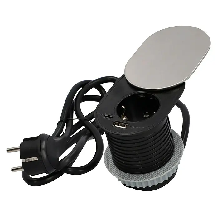 UniTEC Tischsteckdose USB-A, USB-C - Schwarz/Silber, 12,3 x 10 x 14,5 cm - Versenkbare Steckdose mit USB- und USB-C-Anschlüssen und silberfarbener Abdeckung für moderne Arbeitsbereiche.