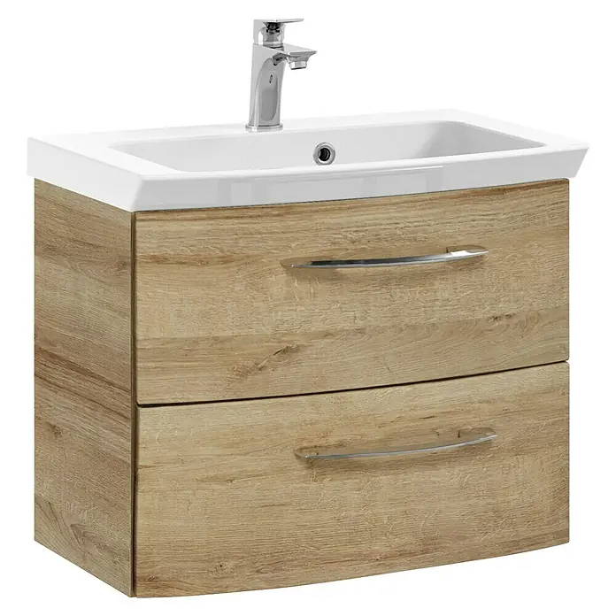 Pelipal Cassca Badmöbel-Set - Gesamtbreite Badmöbel: 62 cm, Riviera Eiche - Ein moderner Waschtischunterschrank mit zwei Schubladen in Holzoptik und einem weißen Waschbecken mit Armatur.