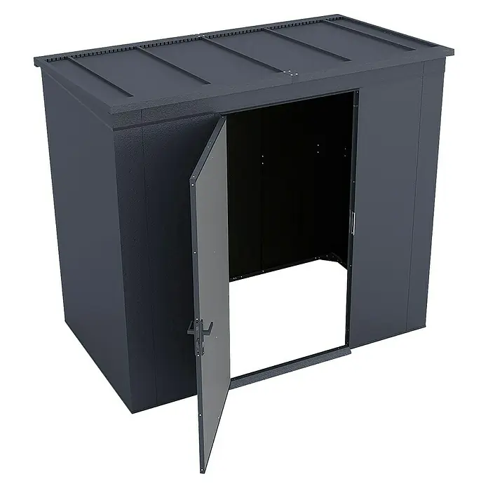 Weka Metallgerätehaus Gary 4 - Außenmaß inkl. Dachüberstand (B x T): 241,9 x 147,6 cm, Aluminium, Anthrazit RAL 7016 - Eine dunkelgraue Gerätehaus mit geöffneter Tür, die den Innenraum zeigt. Das Dach ist flach und hat ein schlichtes Design.