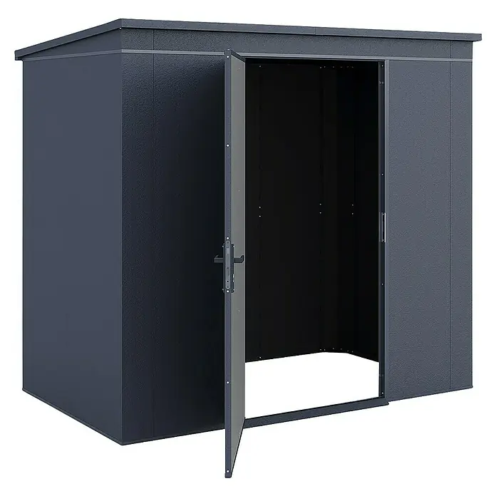 Weka Metallgerätehaus Gary 4 - Außenmaß inkl. Dachüberstand (B x T): 241,9 x 147,6 cm, Aluminium, Anthrazit RAL 7016 - Abbildung eines Gartenschuppens mit offenstehenden Türen, der viel Stauraum für Gartengeräte und andere Utensilien bietet.