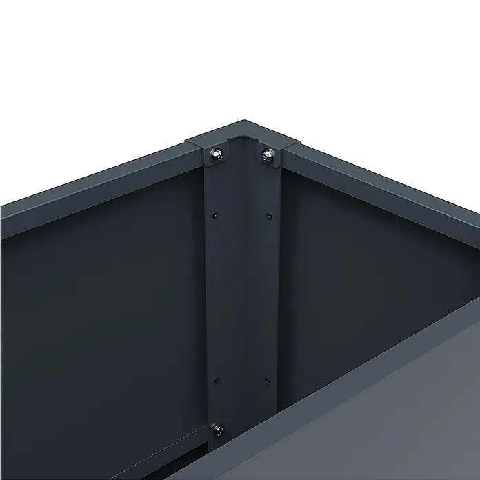 Weka Hochbeet Gary - 100 x 30 x 77 cm, Metall, Anthrazit - Nahaufnahme einer Ecke eines Hochbeets mit Metallrahmen und Schrauben, die die Konstruktion sichern. Das Beet ist dunkelgrau.