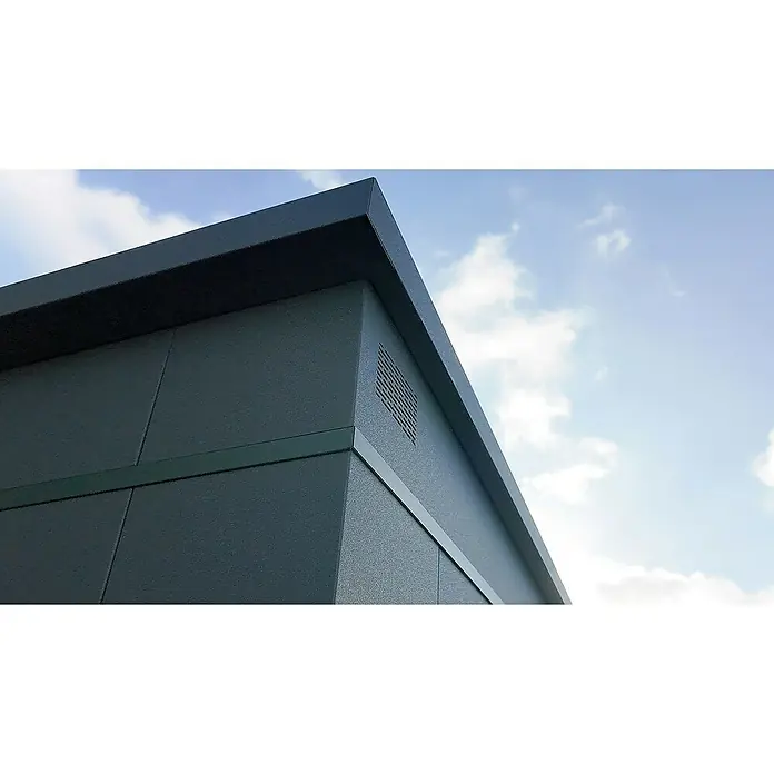 Weka Metallgerätehaus Gary 2 - Außenmaß inkl. Dachüberstand (B x T): 191,8 x 147,6 cm, Aluminium, Grün - Ansicht eines modernen, grauen Gebäudes mit einer klaren architektonischen Gestaltung und einem minimalistischen Design vor blauem Himmel.