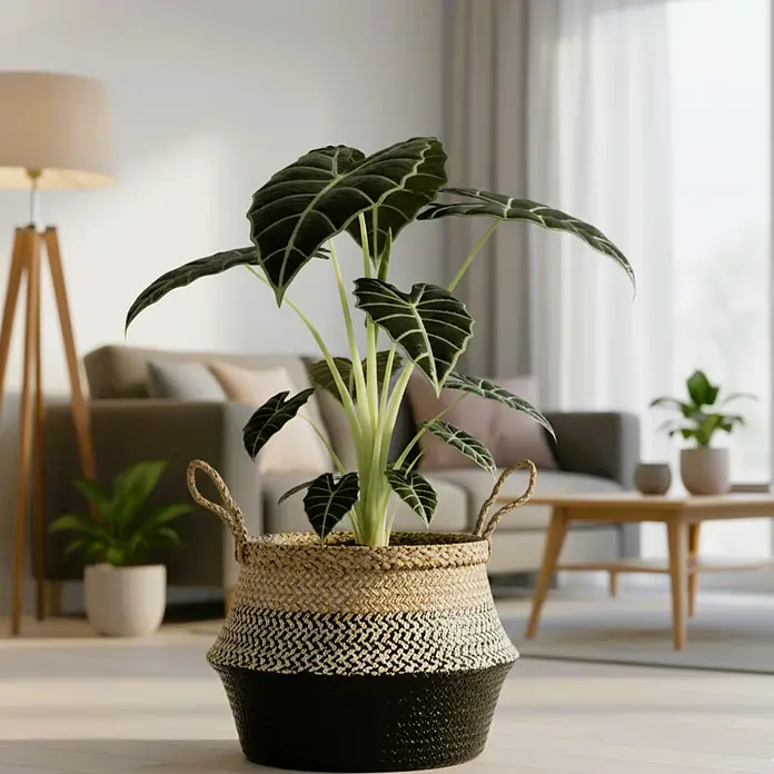 Piardino Pfeilblatt - Alocasia micholitziana Frydek, Topfgröße: 17 cm - Zimmerpflanze in einem dekorativen Korb. Die Pflanze hat große, dunkelgrüne Blätter mit hellen Adern und verleiht jedem Raum eine natürliche Note.