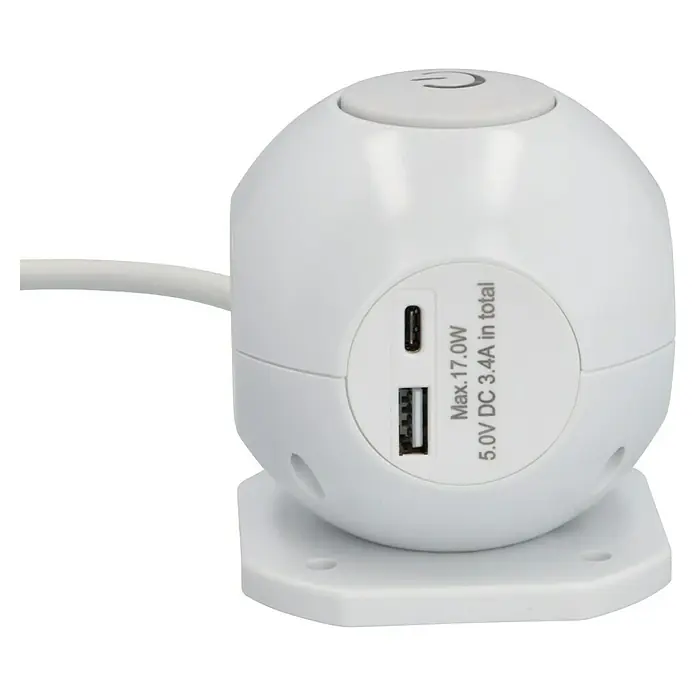 UniTEC Steckdosenwürfel USB-A. USB-C 3-fach - Weiß, 1,4 m - Nahaufnahme eines weißen, kugelförmigen Gadgets mit USB- und USB-C-Anschlüssen sowie einem Netzschalter.
