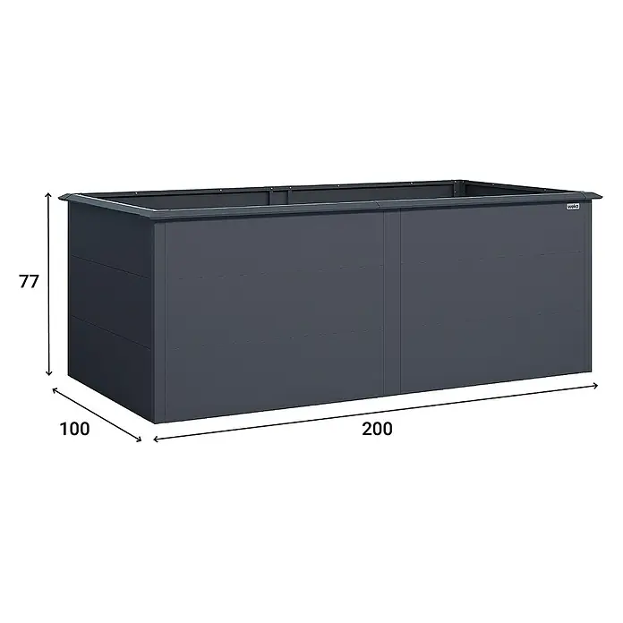 Weka Hochbeet Gary - 200 x 100 x 77 cm, Metall, Anthrazit - Das Bild zeigt einen grauen, rechteckigen Pflanzkasten mit den Maßen 77 x 100 x 200 cm, ideal für Garten oder Terrasse.