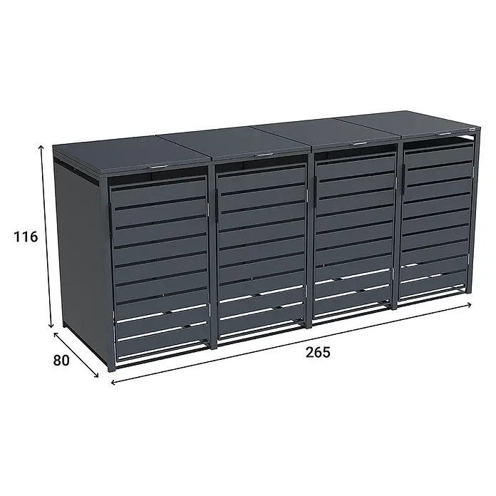 Weka Mülltonnenbox Gary - Metall, Anthrazit RAL 7016, Geeignet für Anzahl Mülltonnen: 4 Stk. - Das Bild zeigt eine graue Mülltonnenbox für vier Mülltonnen mit den Maßen 116x80x265. Die Box ist aus Metall gefertigt und hat Lamellentüren.