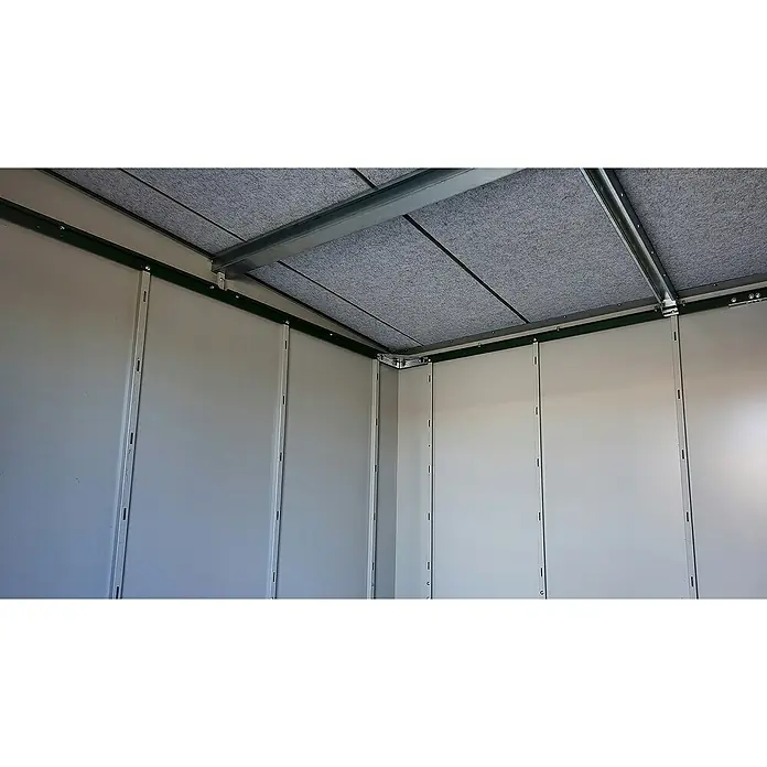 Weka Metallgerätehaus Gary 5 - Außenmaß inkl. Dachüberstand (B x T): 241,9 x 198 cm, Aluminium, Anthrazit RAL 7016 - Innenansicht eines Metallgerätehauses mit Paneelwänden und grauer Dachisolierung, das Stabilität und Schutz vor Witterungseinflüssen bietet.