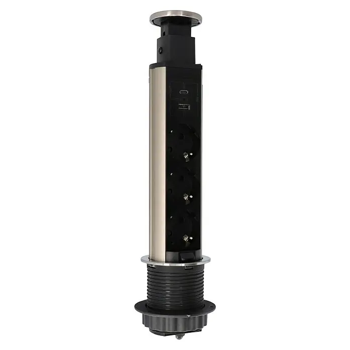 UniTEC Tischsteckdose USB-A, USB-C - Versenkbar, Silber/Schwarz, 10,2 x 11 x 40 cm - Versenkbare Steckdosensäule mit USB- und USB-C-Anschlüssen für moderne Konnektivität und komfortablen Zugriff auf Stromquellen.