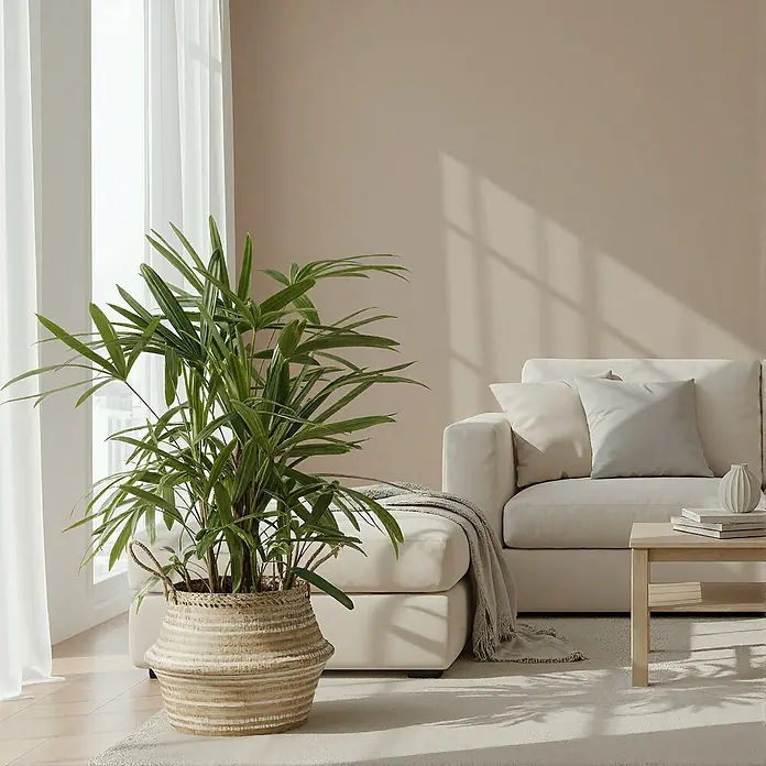 Piardino Steckenpalme - Rhapis Excelsa, Topfgröße: 27 cm - Elegante Innenaufnahme mit einer Zimmerpflanze in einem geflochtenen Korb, einem cremefarbenen Sofa und sanftem Tageslicht.