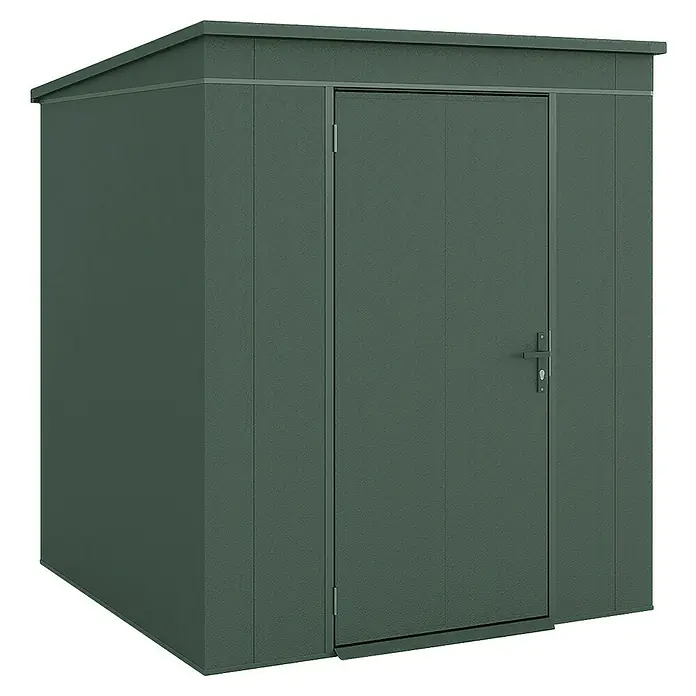 Weka Metallgerätehaus Gary 3 - Außenmaß inkl. Dachüberstand (B x T): 191,8 x 198 cm, Aluminium, Grün - Ein grünes Metallgartenhaus mit einer Tür in der Mitte. Das Gartenhaus ist ideal für die Aufbewahrung von Gartengeräten und Werkzeugen.