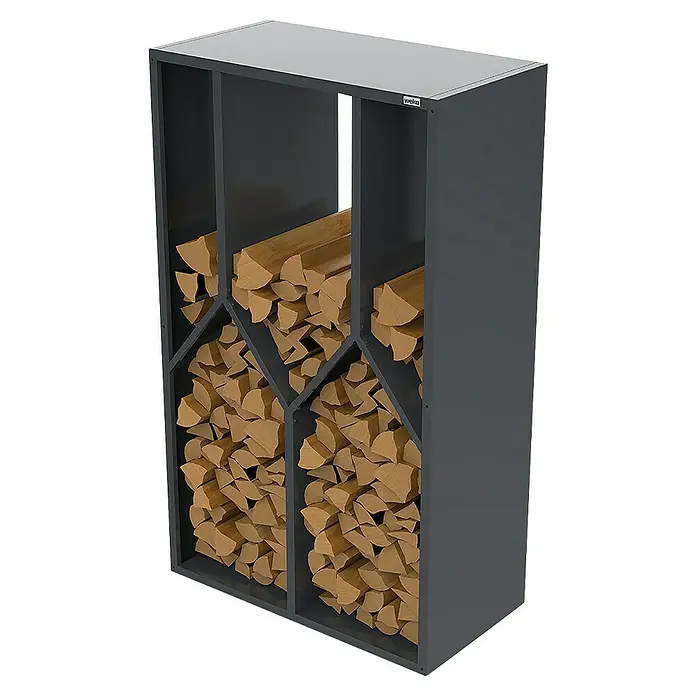 Weka Brennholzregal Gary - B x T x H: 95 x 50 x 160 cm, Metall, Anthrazit RAL 7016 - Ein moderner Holzregal aus grauem Metall, gefüllt mit gespaltenem Brennholz, bietet stilvolle und praktische Holzlagerung.