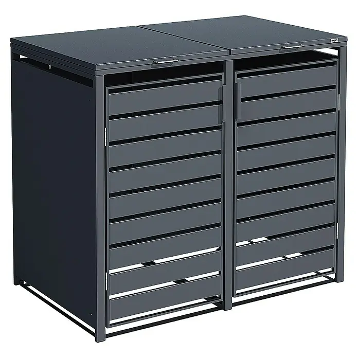 Weka Mülltonnenbox Gary - 132 x 80 cm, Metall, Anthrazit RAL 7016, Geeignet für Anzahl Mülltonnen: 2 Stk. - Das Bild zeigt eine graue, doppelwandige Mülltonnenbox mit Lamellen-Design für den Außenbereich. Sie bietet stilvollen Stauraum für Mülltonnen.