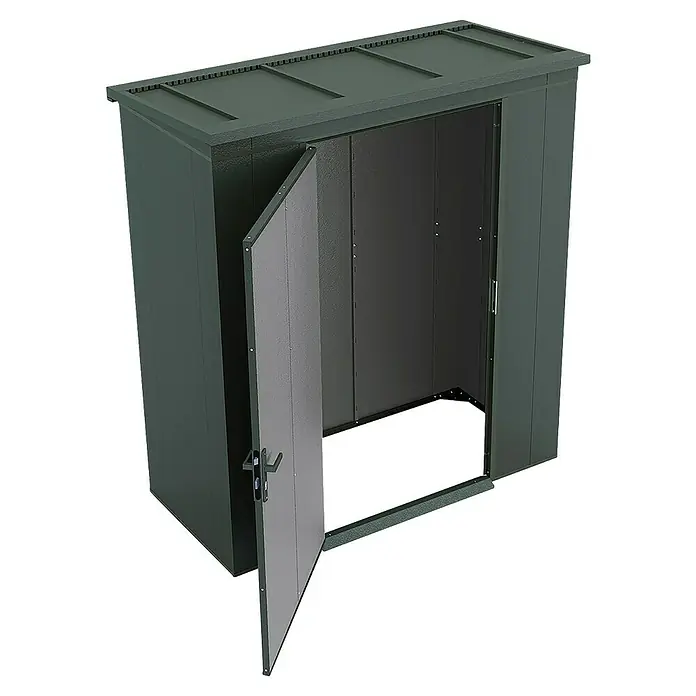 Weka Metallgerätehaus Gary 1 - Außenmaß inkl. Dachüberstand (B x T): 191,8 x 97,8 cm, Aluminium, Grün - Ein Gartenschuppen mit offener Tür ist zu sehen, ideal für die Aufbewahrung von Gartengeräten und Werkzeugen.