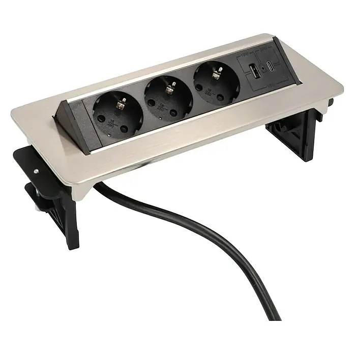 UniTEC Tischsteckdose USB-A, USB-C - Versenkbar, Silber, 40 x 13 x 12,3 cm - Eine versenkbare Steckdosenleiste mit drei Steckdosen, USB-A- und USB-C-Anschlüssen für eine stilvolle und funktionale Arbeitsplatzlösung.