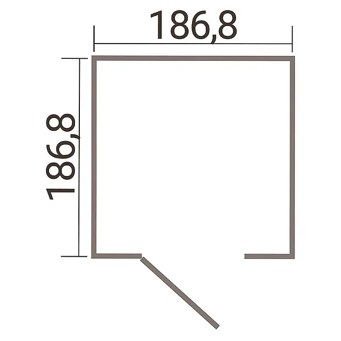 Weka Metallgerätehaus Gary 3 - Außenmaß inkl. Dachüberstand (B x T): 191,8 x 198 cm, Aluminium, Anthrazit RAL 7016 - Grundriss eines Gebäudes mit den Maßen 186,8 x 186,8 cm, der die räumliche Anordnung und Abmessungen des Gebäudes zeigt.