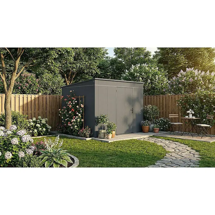 Weka Metallgerätehaus Gary 9 - Außenmaß inkl. Dachüberstand (B x T): 292 x 298,2 cm, Aluminium, Anthrazit RAL 7016 - Geräumiges Gartenhaus mit Seitentür, umgeben von blühenden Pflanzen und einem gepflegten Garten. Das ideale Gerätehaus für den Garten.