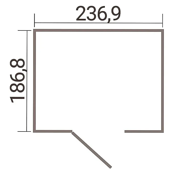 Weka Metallgerätehaus Gary 5 - Außenmaß inkl. Dachüberstand (B x T): 241,9 x 198 cm, Aluminium, Anthrazit RAL 7016 - Draufsicht einer Raumskizze mit den Maßen 236,9 x 186,8 und einer schrägen Tür, die eine detaillierte Darstellung der Raumaufteilung bietet.