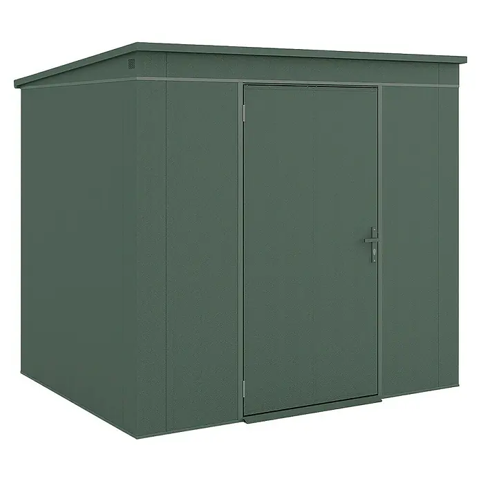 Weka Metallgerätehaus Gary 5 - Außenmaß inkl. Dachüberstand (B x T): 241,9 x 198 cm, Aluminium, Grün - Ansicht eines grünen Metall-Gartenschuppens mit Doppeltür. Ideal zur Aufbewahrung von Gartengeräten und Werkzeugen im Außenbereich.