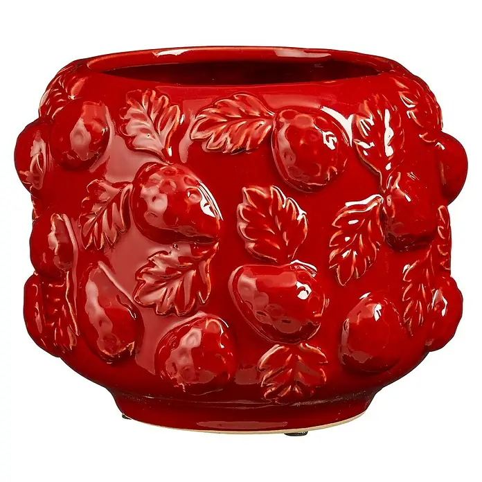 Mica Decorations Übertopf Erdbeere - Außenmaß (Ø x H): 24 x 18,5 cm, Keramik, Rot - Ein roter Keramikblumentopf mit erhabenem Erdbeer- und Blätterdesign, perfekt für Pflanzenliebhaber und zur Dekoration des Hauses.