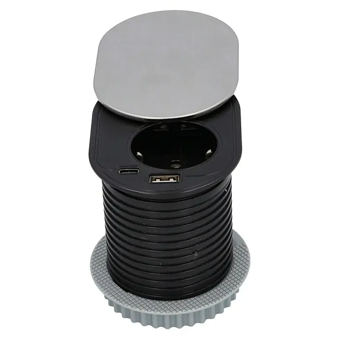 UniTEC Tischsteckdose USB-A, USB-C - Schwarz/Silber, 12,3 x 10 x 14,5 cm - Ein versenkbarer Stromverteiler mit USB- und USB-C-Anschlüssen, ideal für moderne Büros und Küchen, mit edlem Design.