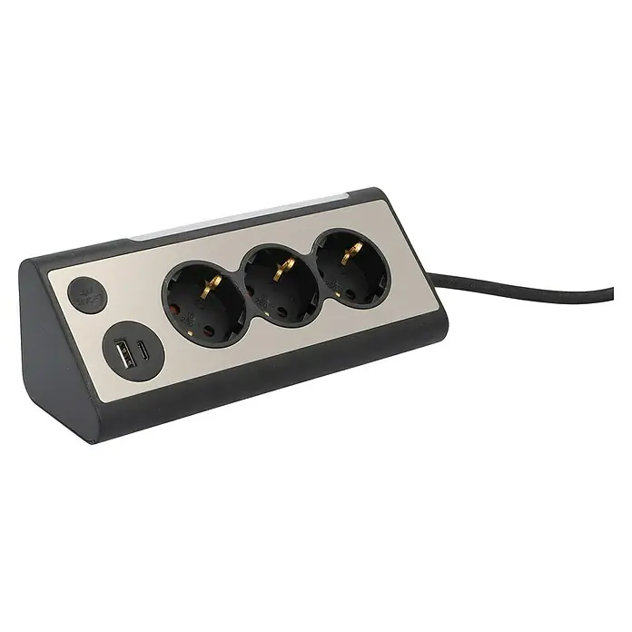 UniTEC Steckdosenleiste USB-A, USB-C - 3-fach, Silber/Schwarz, Kabellänge: 1,4 m, IP20, Mit Schalter - Dreifach-Steckdosenleiste mit USB-Anschlüssen für vielseitige Stromversorgung elektronischer Geräte zu Hause oder im Büro.