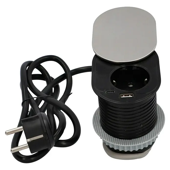 UniTEC Tischsteckdose USB-A, USB-C - Schwarz/Silber, 12,3 x 10 x 14,5 cm - Versenkbare Steckdose mit USB-Anschluss und Netzstecker. Praktische Lösung für Arbeitsplatten.