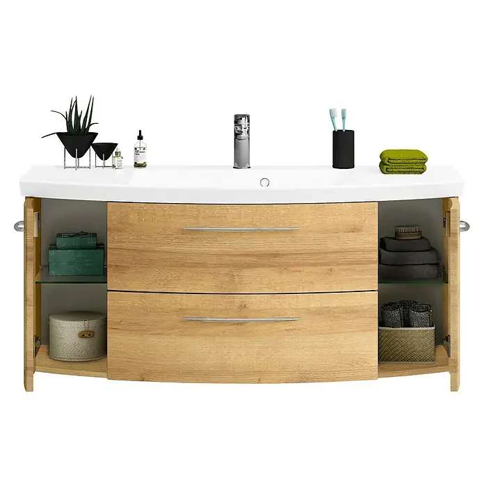 Pelipal Cassca Badmöbel-Set - Gesamtbreite Badmöbel: 121 cm, Riviera Eiche - Badezimmermöbel mit Waschbecken und zwei Schubladen in Holzoptik mit Ablagefächern an den Seiten für Handtücher und Badutensilien.