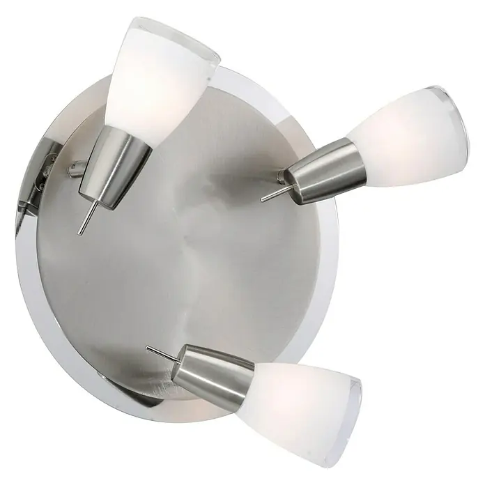 Tween Light LED-Deckenstrahler Doro - 84 W, Stahl, Weiß, Warmweiß - Nahaufnahme einer modernen Deckenleuchte mit drei Strahlern aus gebürstetem Nickel und weißen Lampenschirmen.