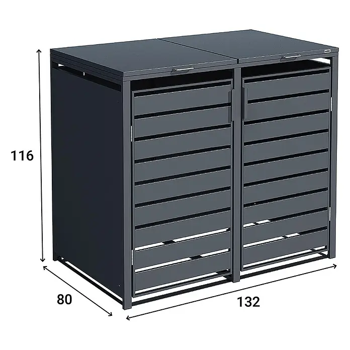 Weka Mülltonnenbox Gary - 132 x 80 cm, Metall, Anthrazit RAL 7016, Geeignet für Anzahl Mülltonnen: 2 Stk. - Graue Doppel-Mülltonnenbox mit den Maßen 116x80x132 cm. Die Box schützt Mülltonnen vor Witterung und sieht dabei elegant aus.