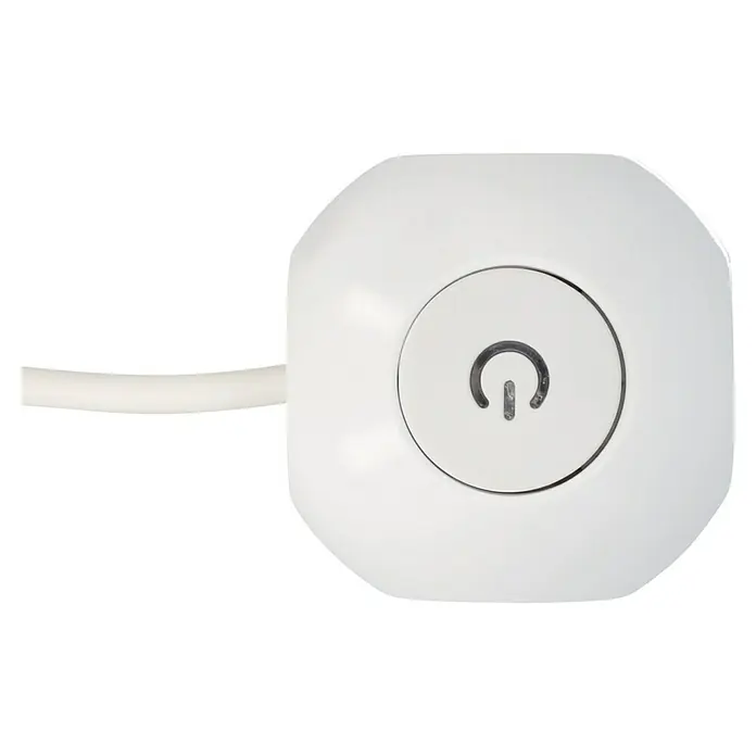 UniTEC Steckdosenwürfel USB-A. USB-C 3-fach - Weiß, 1,4 m - Nahaufnahme eines weißen WLAN Access Points mit Netzkabel und Power-Symbol in der Mitte des Gerätes.