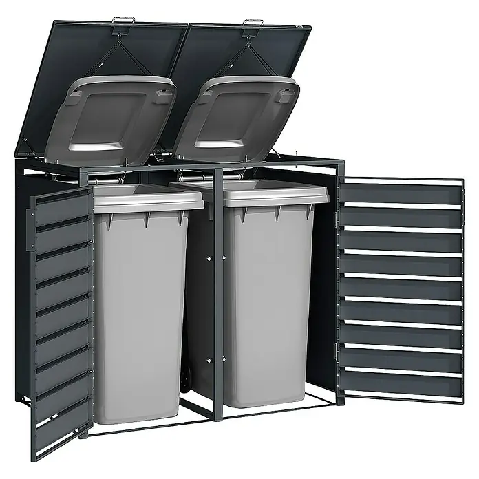 Weka Mülltonnenbox Gary - 132 x 80 cm, Metall, Anthrazit RAL 7016, Geeignet für Anzahl Mülltonnen: 2 Stk. - Graue Mülltonnenbox mit zwei Mülltonnen. Die Box hat eine graue Farbe und ein modernes Design für den Außenbereich.