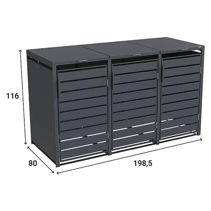 Weka Mülltonnenbox Gary - Metall, Anthrazit RAL 7016, Geeignet für Anzahl Mülltonnen: 3 Stk. - Das Bild zeigt eine graue Mülltonnenbox für drei Tonnen mit den Maßen 116 x 80 x 198,5 cm. Sie ist aus Metall und hat eine Lamellenoptik.