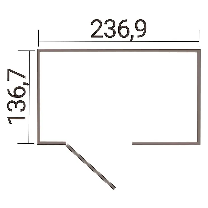 Weka Metallgerätehaus Gary 4 - Außenmaß inkl. Dachüberstand (B x T): 241,9 x 147,6 cm, Aluminium, Grün - Grundriss eines Zimmers mit den Maßen 236,9 x 136,7 cm, der die Raumaufteilung und Größe für Planungszwecke darstellt.