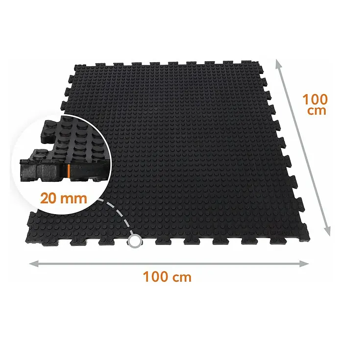 Floordirekt Bodenschutzmatte Puzzle Gummiläufer Buffallo - 100 x 100 cm, Schwarz - Schwarze, quadratische, stoßdämpfende Bodenmatte mit Noppen und einer Stärke von 20mm, ideal für Fitnessräume oder Spielbereiche.