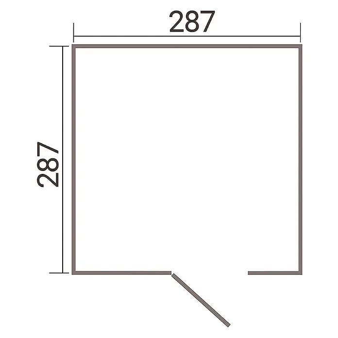 Weka Metallgerätehaus Gary 9 - Außenmaß inkl. Dachüberstand (B x T): 292 x 298,2 cm, Aluminium, Anthrazit RAL 7016 - Grundriss eines quadratischen Raums mit Tür und den Maßen 287 x 287 cm.