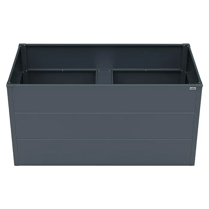 Weka Hochbeet Gary - 150 x 77 x 77 cm, Metall, Anthrazit - Das Bild zeigt eine große, graue Mülltonnenbox der Marke Weka, die sich ideal für die stilvolle Aufbewahrung von Mülltonnen im Außenbereich eignet.