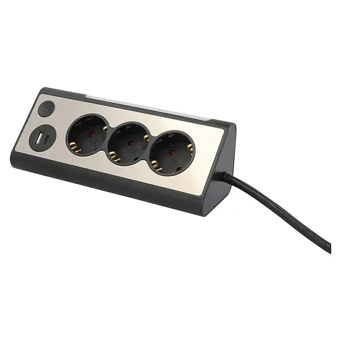 UniTEC Steckdosenleiste USB-A, USB-C - 3-fach, Silber/Schwarz, Kabellänge: 1,4 m, IP20, Mit Schalter - Eine Steckdosenleiste mit drei Steckplätzen, einem USB-Anschluss und einem Netzschalter zum Anschließen elektronischer Geräte.