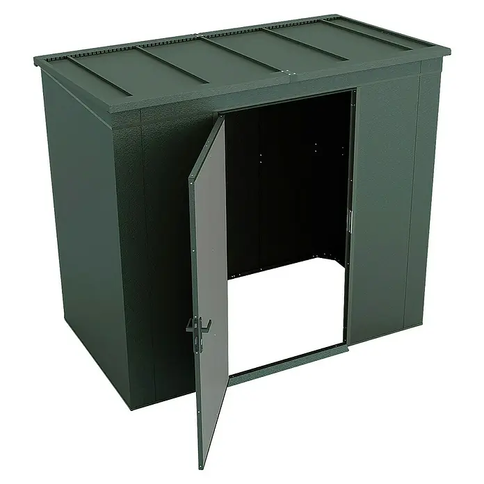 Weka Metallgerätehaus Gary 4 - Außenmaß inkl. Dachüberstand (B x T): 241,9 x 147,6 cm, Aluminium, Grün - Dunkelgrüner Geräteschuppen mit geöffneter Tür, ideal für die Gartenaufbewahrung. Er bietet viel Platz und ist wetterfest.