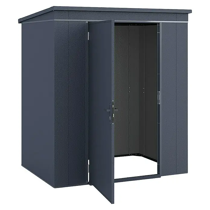 Weka Metallgerätehaus Gary 2 - Außenmaß inkl. Dachüberstand (B x T): 191,8 x 147,6 cm, Aluminium, Anthrazit RAL 7016 - Bild eines grauen Metall-Gartenschuppens mit geöffneten Türen, der ausreichend Stauraum für Gartengeräte bietet.