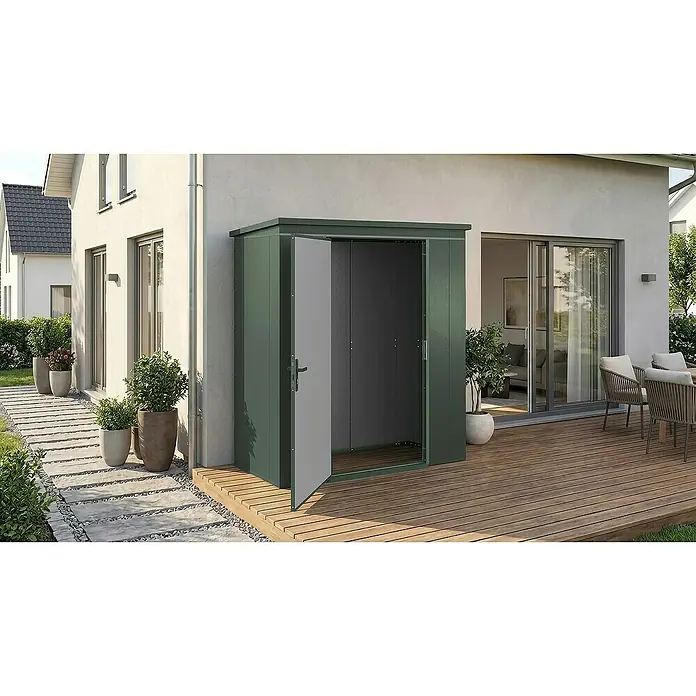 Weka Metallgerätehaus Gary 1 - Außenmaß inkl. Dachüberstand (B x T): 191,8 x 97,8 cm, Aluminium, Grün - Abgebildete Gartenbox aus Metall in Grün mit geöffneter Tür, die auf einer Holzterrasse steht und Stauraum bietet.
