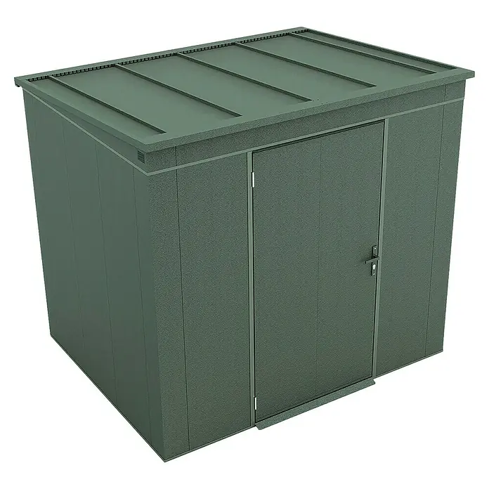 Weka Metallgerätehaus Gary 5 - Außenmaß inkl. Dachüberstand (B x T): 241,9 x 198 cm, Aluminium, Grün - Abbildung eines grünen Gerätehauses mit Tür und Flachdach. Das Gartenhaus bietet Stauraum für Werkzeuge und Gartengeräte.