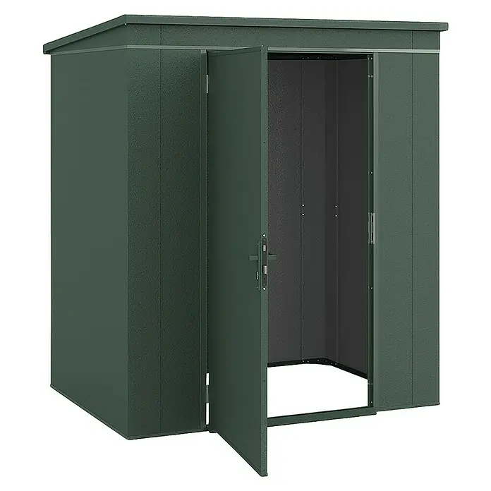 Weka Metallgerätehaus Gary 2 - Außenmaß inkl. Dachüberstand (B x T): 191,8 x 147,6 cm, Aluminium, Grün - Grüner Metall-Gartenschrank mit geöffneten Doppeltüren, ideal zur Aufbewahrung von Gartengeräten und -zubehör im Freien.