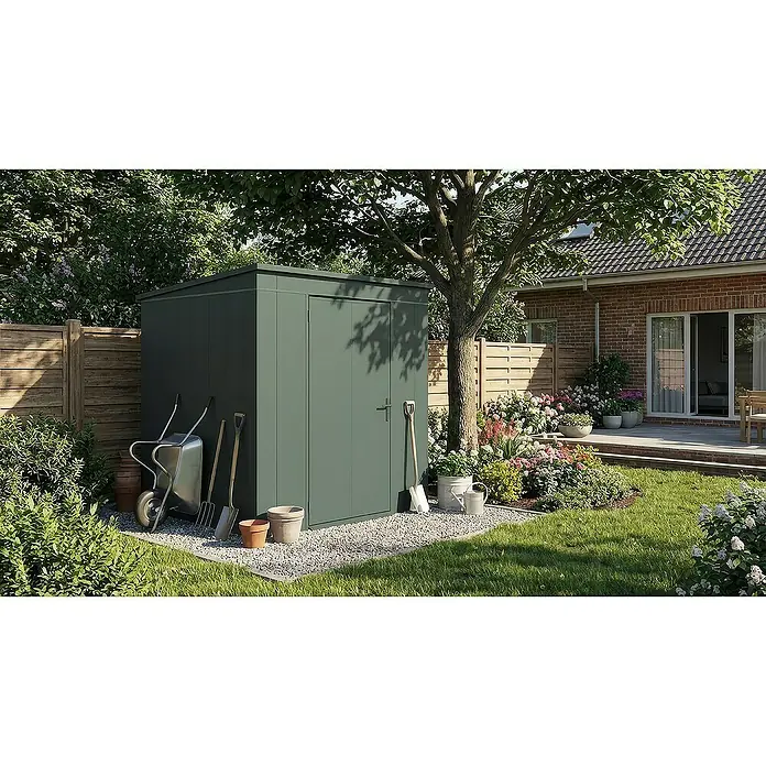 Weka Metallgerätehaus Gary 3 - Außenmaß inkl. Dachüberstand (B x T): 191,8 x 198 cm, Aluminium, Grün - Grüner Gartenschuppen aus Metall mit Gartengeräten auf einem gepflegten Rasen mit Blumen.