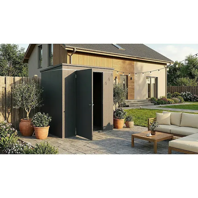 Weka Metallgerätehaus Gary 2 - Außenmaß inkl. Dachüberstand (B x T): 191,8 x 147,6 cm, Aluminium, Grün - Geräumiger Geräteschuppen im Garten, ideal zur Aufbewahrung von Gartengeräten und Werkzeugen. Praktische Gartengestaltung mit Stauraum.