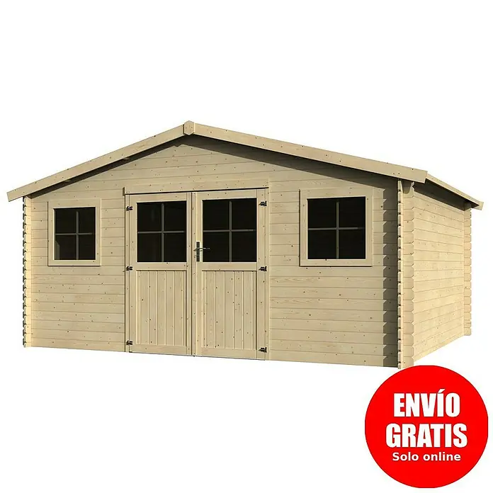 Décor et Jardin Caseta de jardín Floridan II - Medidas ext. (An x Pr): 509 x 402 cm, Madera, Natural - Imagen de una caseta de jardín de madera clara con puertas dobles y dos ventanas para guardar herramientas de jardín o como sala de hobbies.
