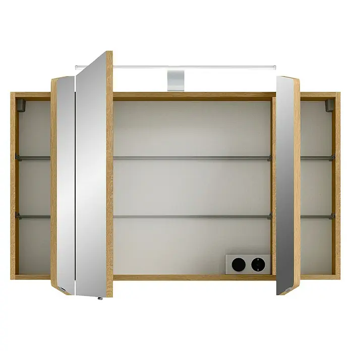 Pelipal Cassca LED-Spiegelschrank - B x H: 100 x 67 cm, Eiche - Ein offener Spiegelschrank mit Holzrahmen, der seine Regale und eingebauten Steckdosen zeigt.