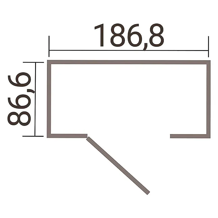 Weka Metallgerätehaus Gary 1 - Außenmaß inkl. Dachüberstand (B x T): 191,8 x 97,8 cm, Aluminium, Grün - Grundriss eines Zimmers mit Maßangaben, 186,8 cm breit und 86,6 cm tief, einschließlich einer schwenkbaren Tür.